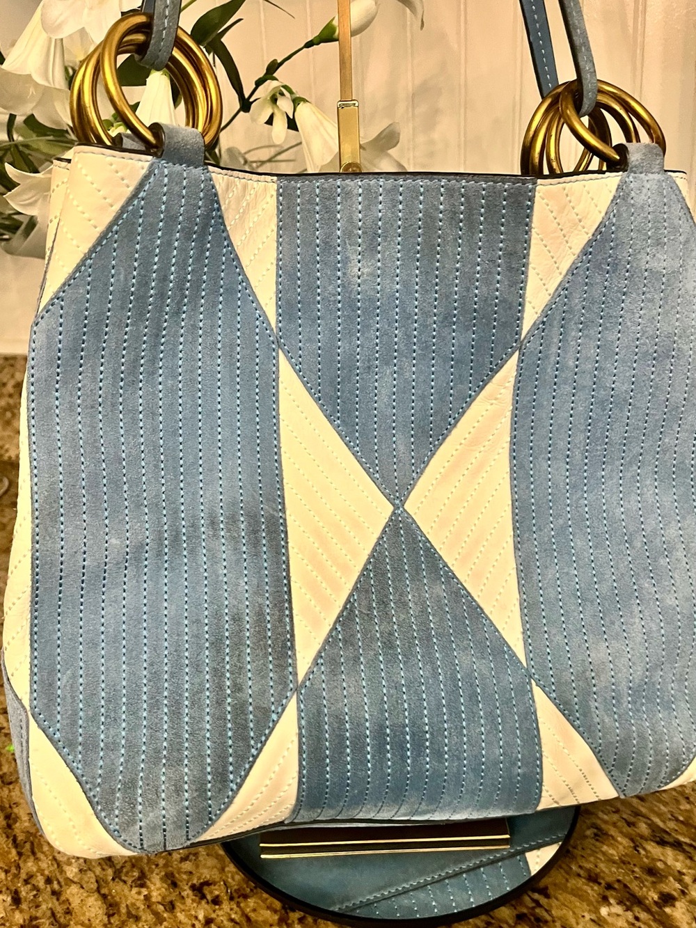 Tory Burch Patchwork suede blue and white Farrah tote - Picture 3 of 16